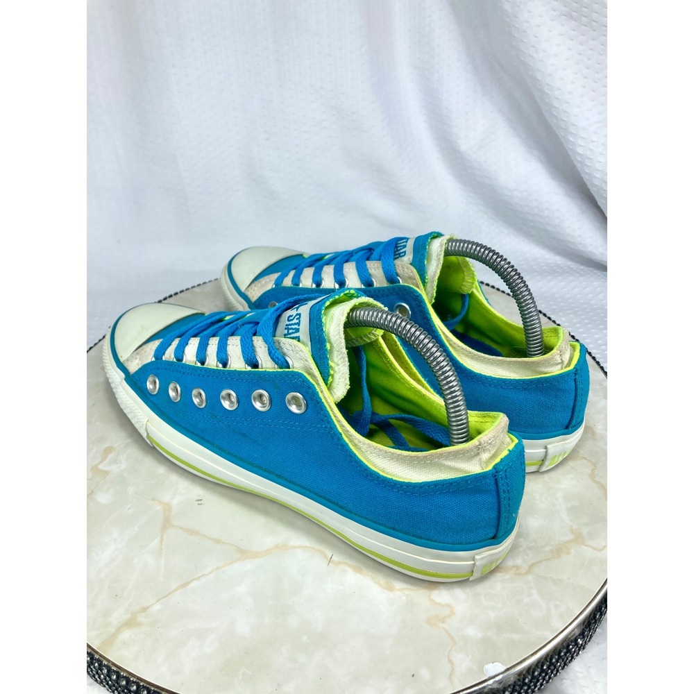 Converse Low Top Double Tongue Shoes Womens Sz 9 Blue Lime Green Canvas Sneakers - Picture 7 of 12